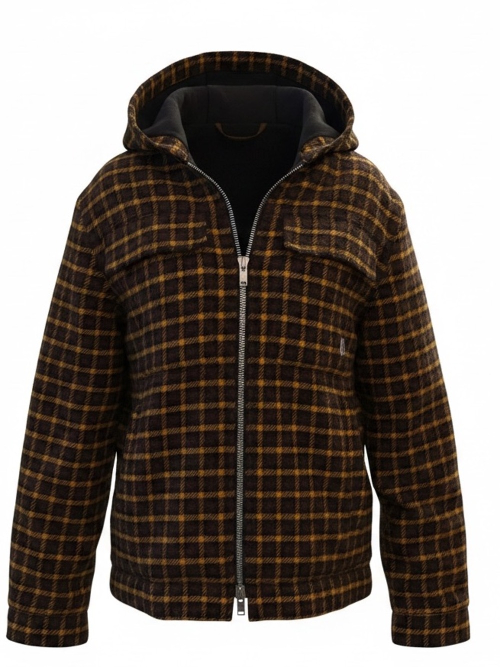 Moose Knuckles Black and Mustard Plaid Hooded Shirt Jacket